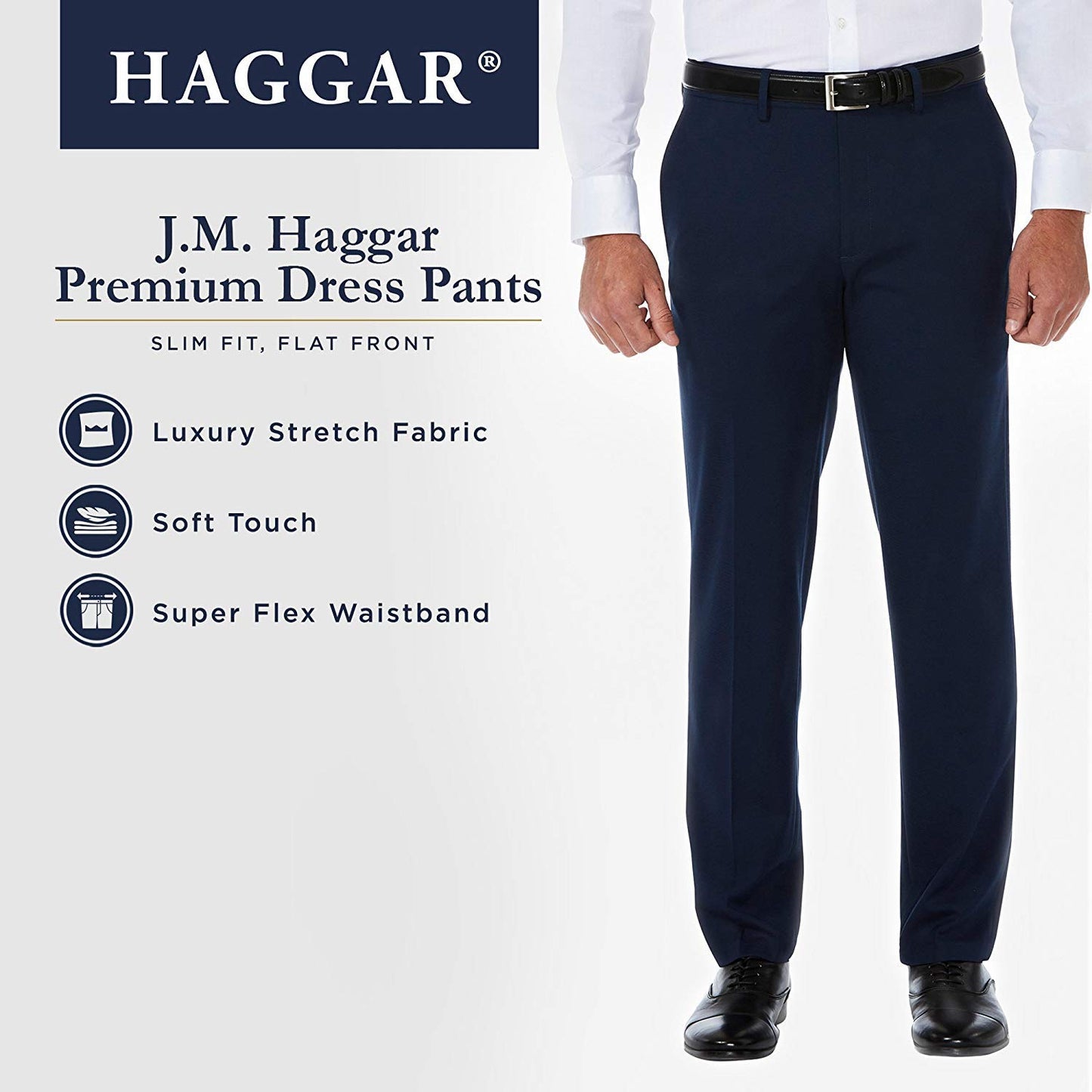 HAGGAR Mens 4 Way Stretch Slim Fit Flat Front Dress Pant