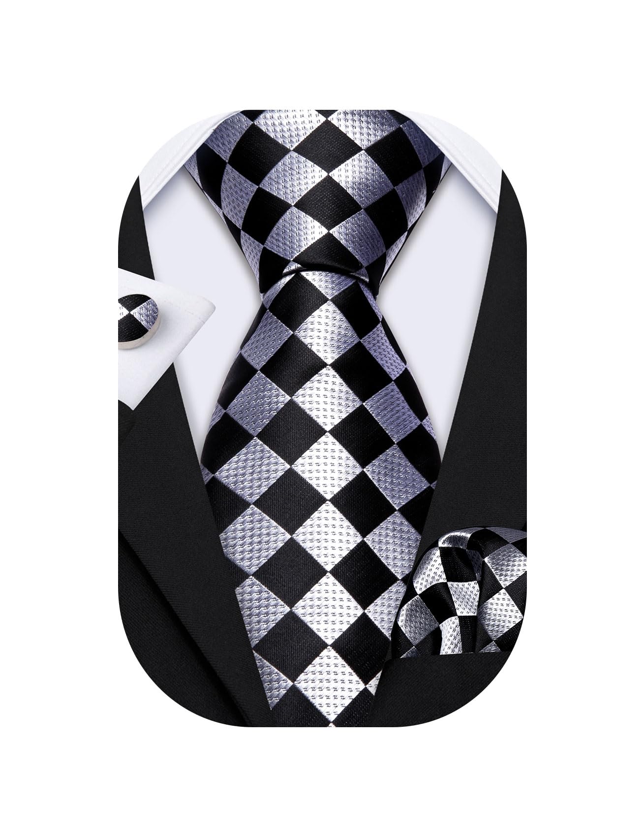 Barry.Wang Designer Classic Ties for Men Set Formal Pocket Square Cufflink Check Plaid