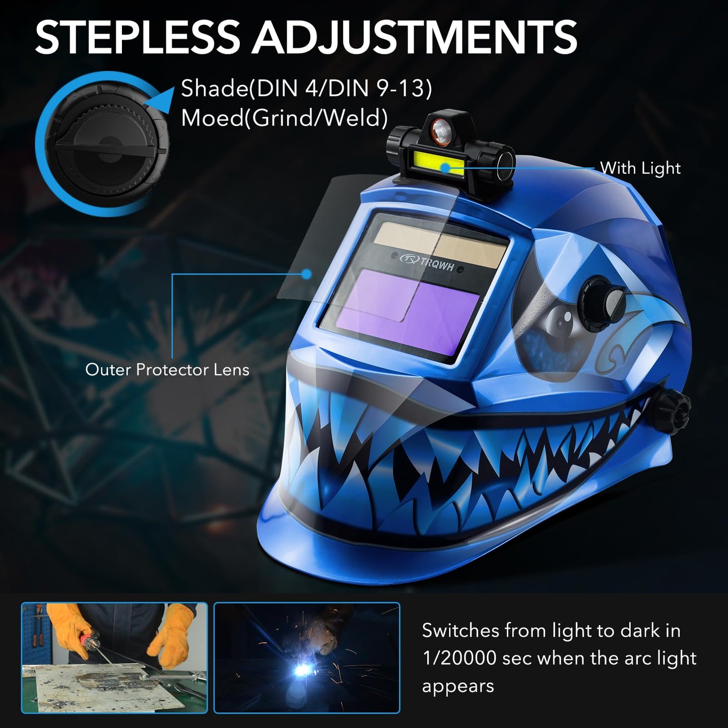 Welding Hood Auto Darkening Welding Helmet with Light True Color 1/1/1/2 Top Optical Clarity Wide Shade 9-13 Welding Mask with Grinding Weld Helmet (KTS-HD104)