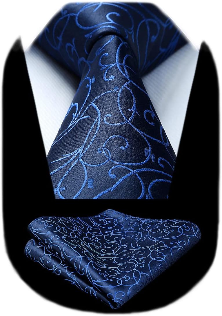 Men Floral Ties Woven Classic 3.4" NeckTie Set Formal Tie Pocket Square for Wedding with Handkerchief