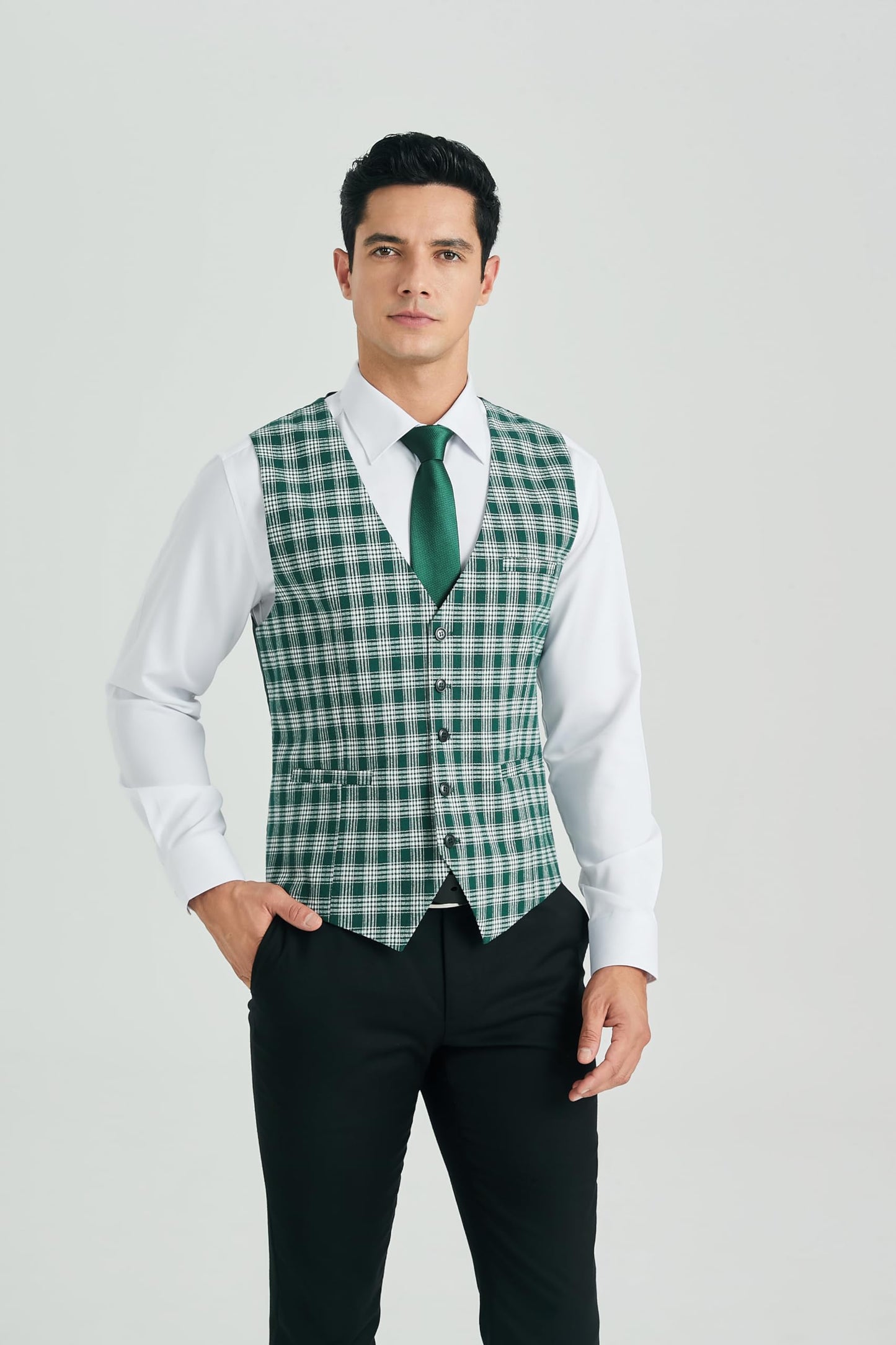 HISDERN Men's Suit Vest Plaid Dress Vest for Men Slim Fit Formal Business Waistcoat Tuxedo V-Ncek Solid Vest for Wedding