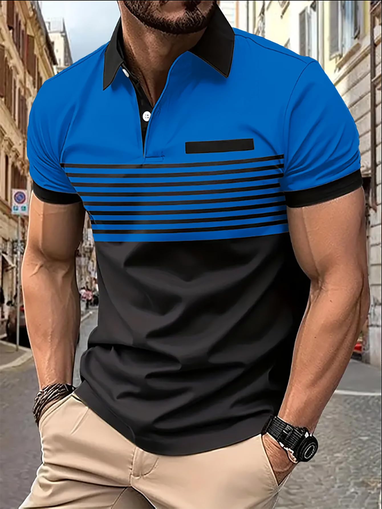 SOLY HUX Men's Golf Polo Shirts Short Sleeve Collar Tennis Shirt Color Block Striped Work T-Shirt