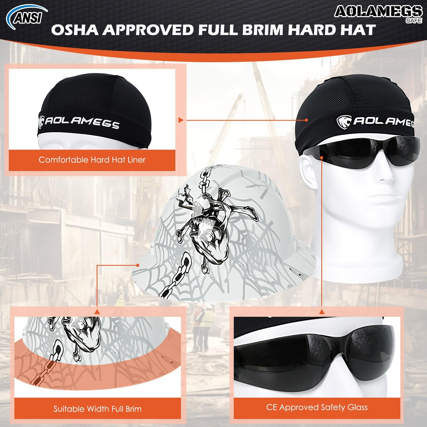 Stylish Full Brim Hard Hat with Visor and Liner (Option) -OSHA Approved Construction Safety Helmet for Men Women,ANSI Z89.1 Carbon Fiber Pattern Hardhats with Glasses and Chin Strap,4-pt