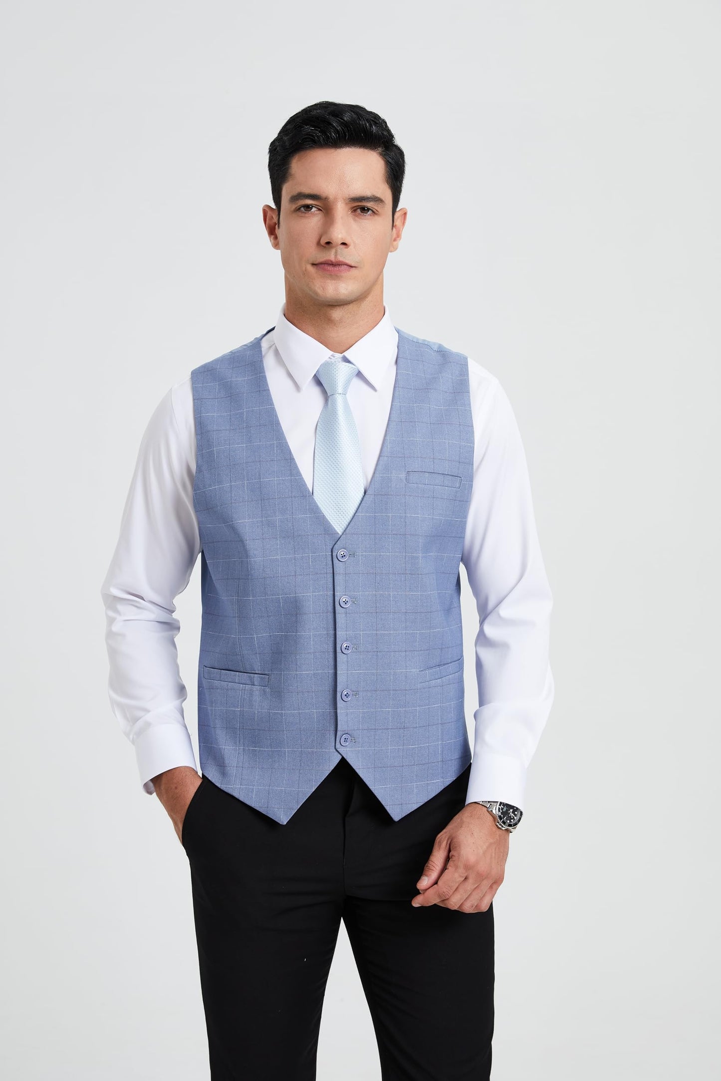 HISDERN Men's Suit Vest Plaid Dress Vest for Men Slim Fit Formal Business Waistcoat Tuxedo V-Ncek Solid Vest for Wedding