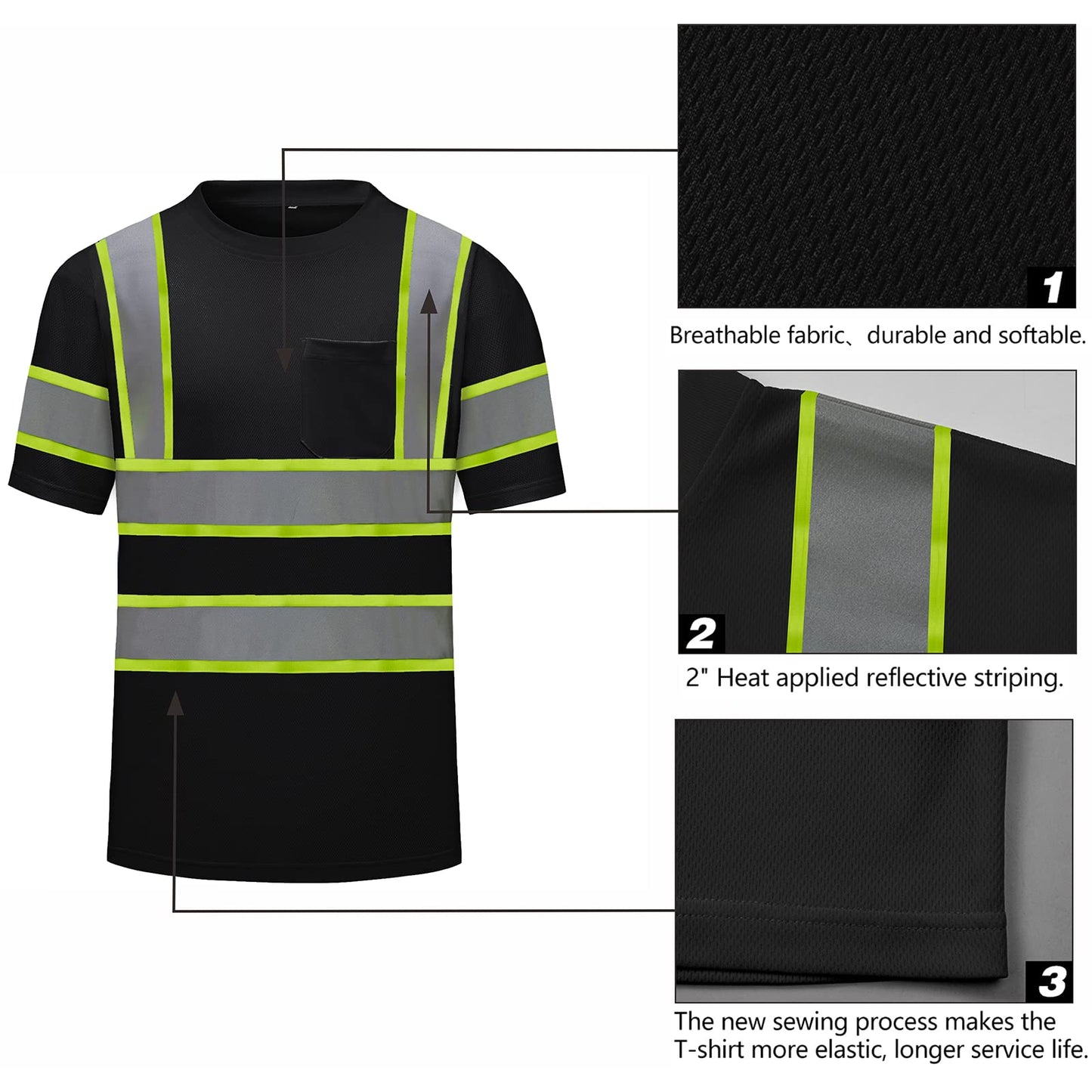 High Visibility Shirts Quick Dry Safety T Shirts with Reflective Strips and Pocket Short Sleeve Mesh Hi Vis Construction Work Class 2 Shirt for Men/Women Black Bottom Lime,Medium