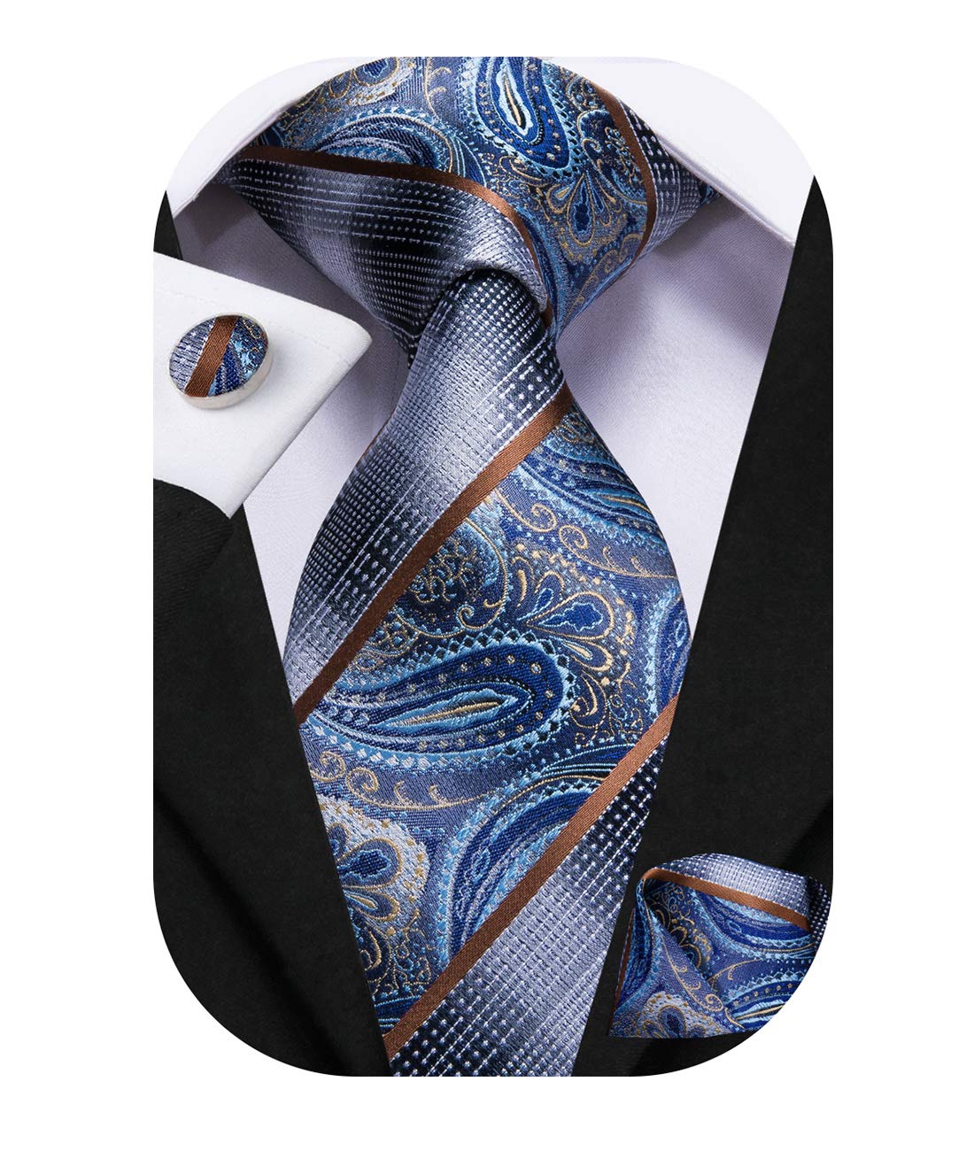 Dubulle Mens Paisley Striped Tie Silk Mens Necktie and PocketSquare Cufflinks Set Wedding Fomral Party