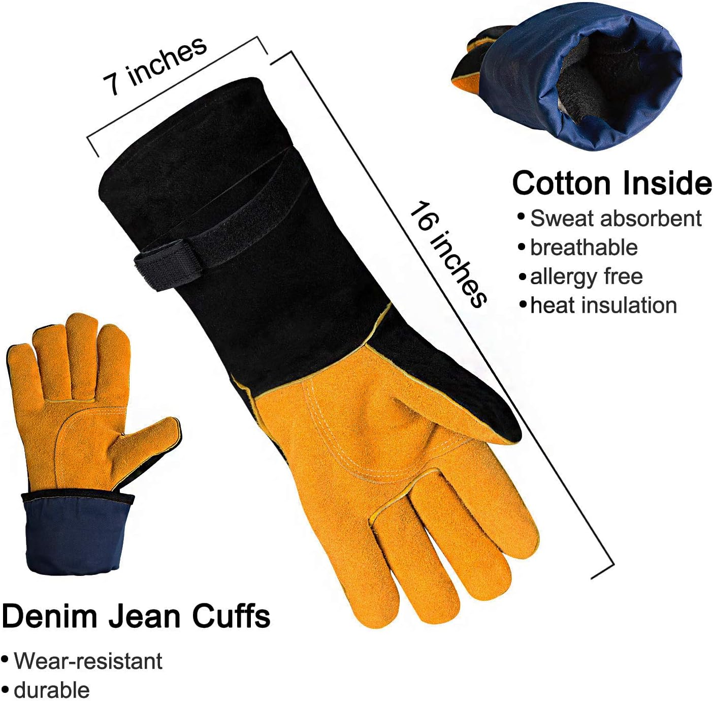 Welding Gloves, 1112°F Heat/Fire Resistant/Leather Forge Gloves, with Kevlar Stitching String, 16 inches Extra Long Sleeve and Fireproof Hook and Loop Tape,fit for Mig/Tig