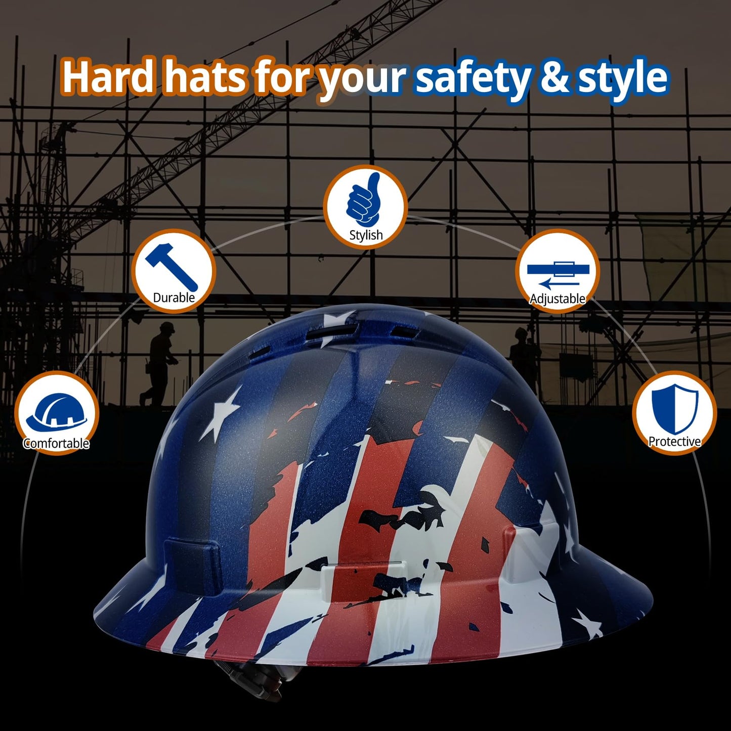 Full Brim Hard Hat - OSHA Safety Helmet Durable Lightweight Carbon Fiber Hard Hat, 6-Point Ratchet Suspension Protective Gear for Men and Women