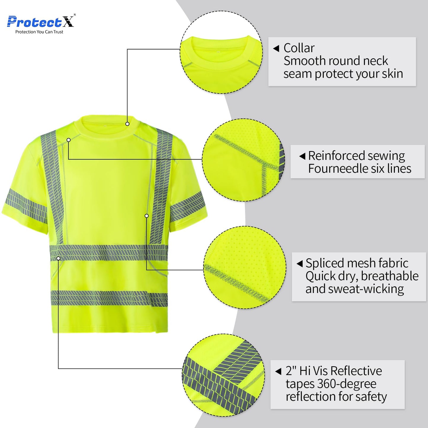 ProtectX High Visibility Short Sleeve Reflective Safety T-Shirt, Men's Heavy Duty Breathable Hi Vis Shirts, Class 2 Type R