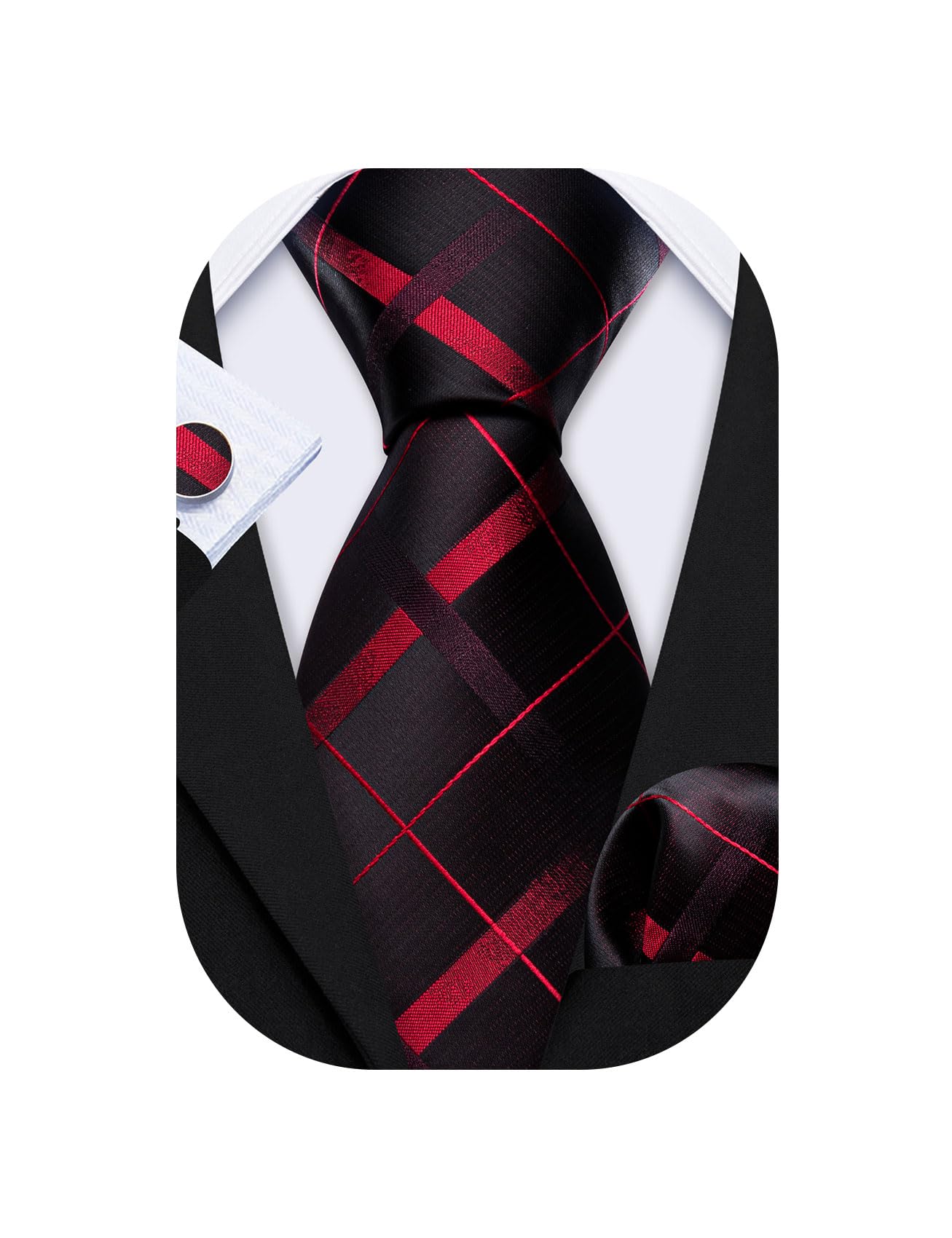 Barry.Wang Designer Classic Ties for Men Set Formal Pocket Square Cufflink Check Plaid