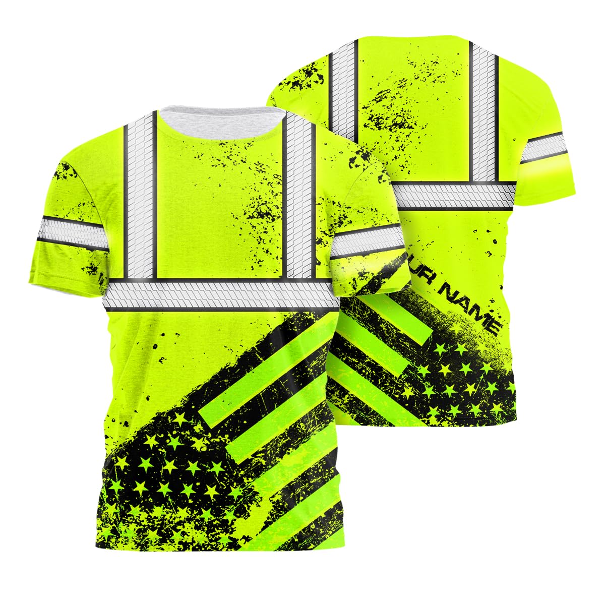 Color US Flag Skull High Visibility Shirt for Men Custom Name Safety Shirts Workwear for Patriotic, Runners