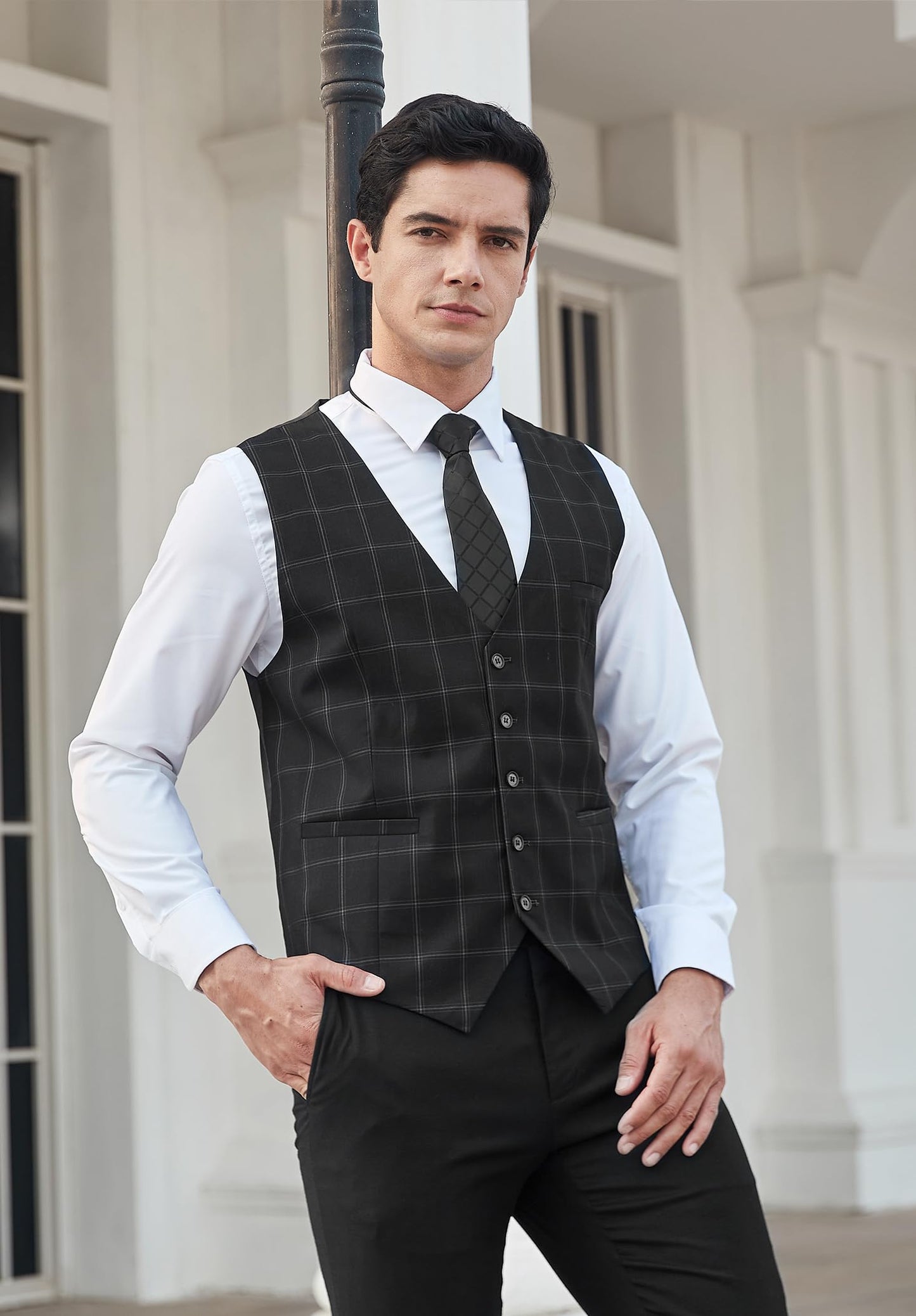 HISDERN Men's Suit Vest Business Plaid Formal Dress Waistcoat Slim Fit Vests for Men with 3 Pocket for Suit or Tuxedo