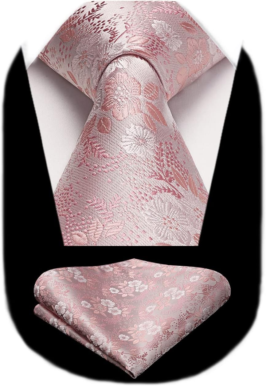 Men Floral Ties Woven Classic 3.4" NeckTie Set Formal Tie Pocket Square for Wedding with Handkerchief