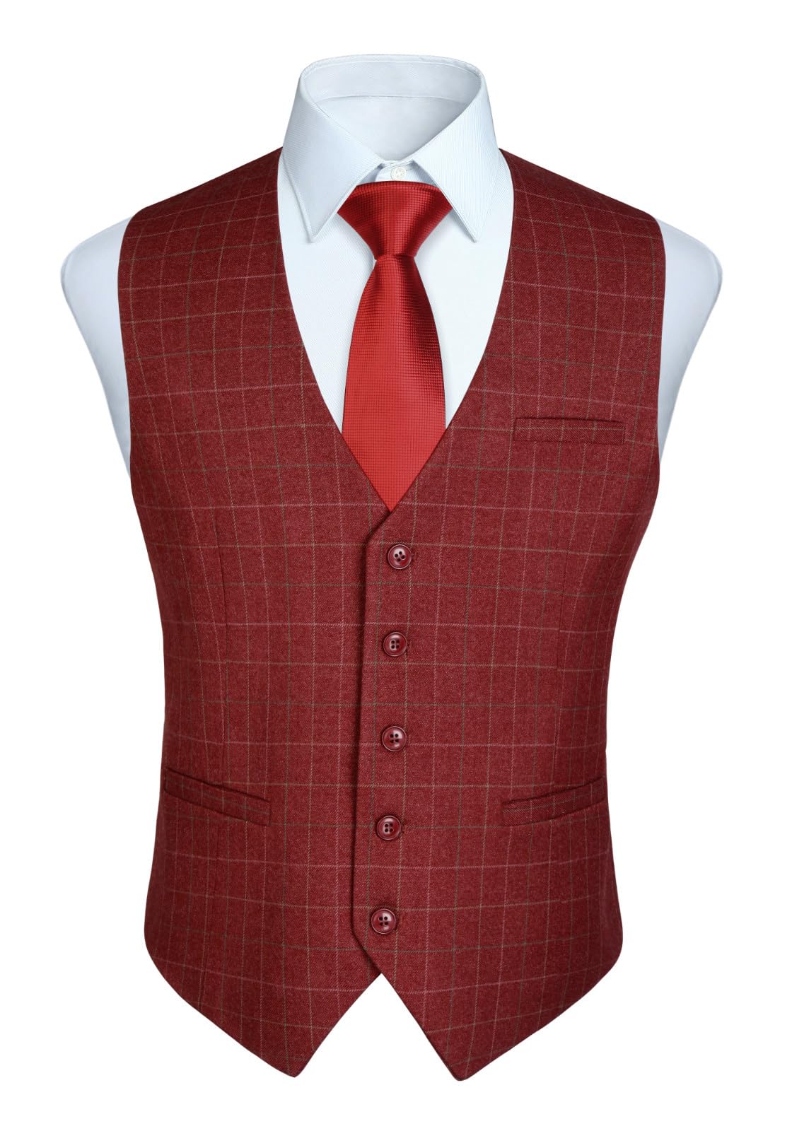 HISDERN Men's Suit Vest Plaid Dress Vest for Men Slim Fit Formal Business Waistcoat Tuxedo V-Ncek Solid Vest for Wedding