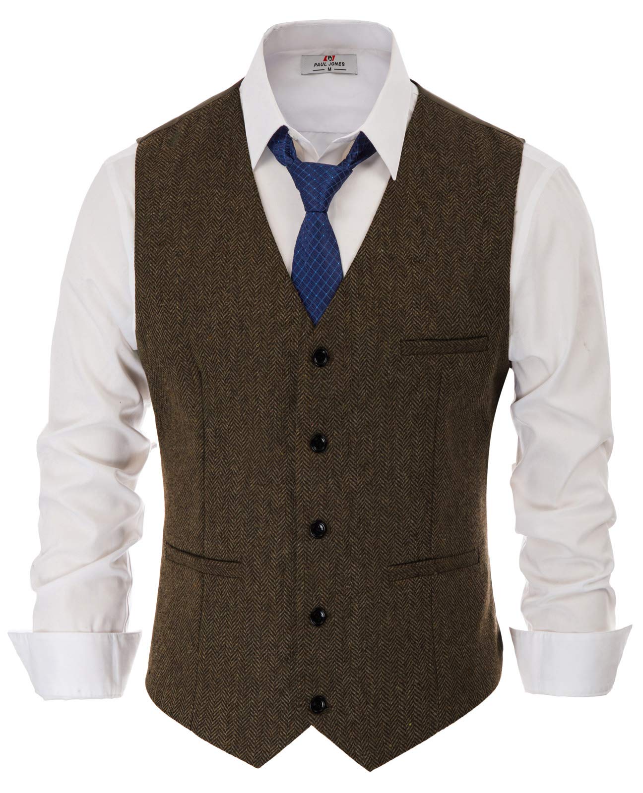 PJ PAUL JONES Men's Herringbone Tweed Suit Vest Casual Wool Blend Waistcoat