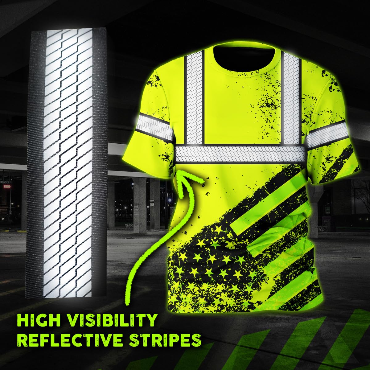 Color US Flag Skull High Visibility Shirt for Men Custom Name Safety Shirts Workwear for Patriotic, Runners