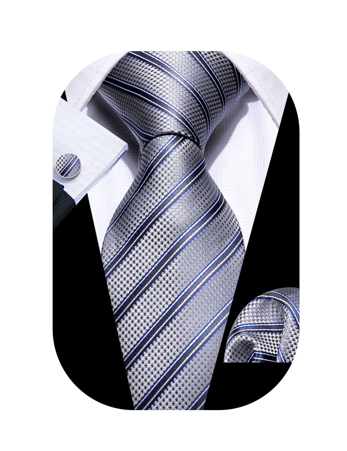 Barry.Wang Stripe Men Ties Set Classic WOVEN Necktie with Handkerchief Cufflinks Formal