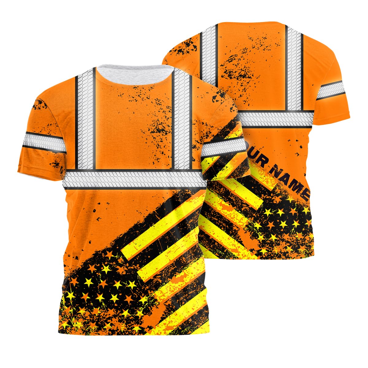 Color US Flag Skull High Visibility Shirt for Men Custom Name Safety Shirts Workwear for Patriotic, Runners