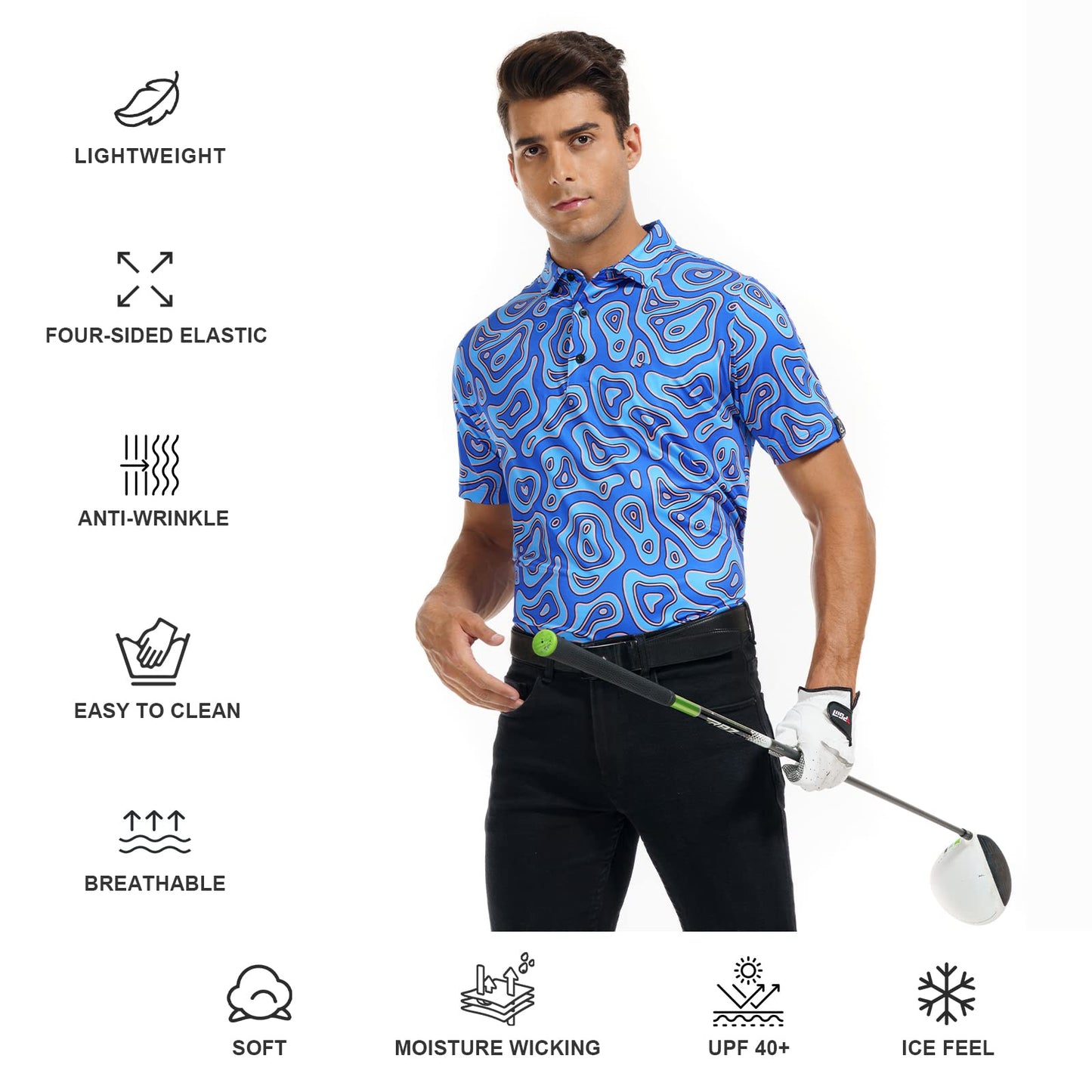 DEOLAX Mens Polo Shirts Performance Moisture Wicking Mens Golf Shirt Fashion Print Dry Fit Golf Shirts Short Sleeve