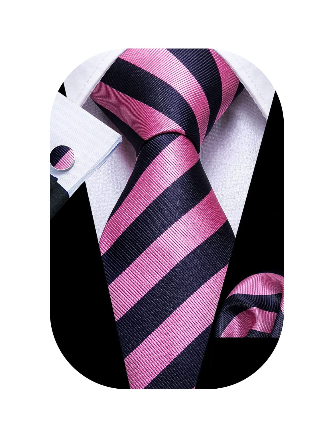 Barry.Wang Stripe Men Ties Set Classic WOVEN Necktie with Handkerchief Cufflinks Formal