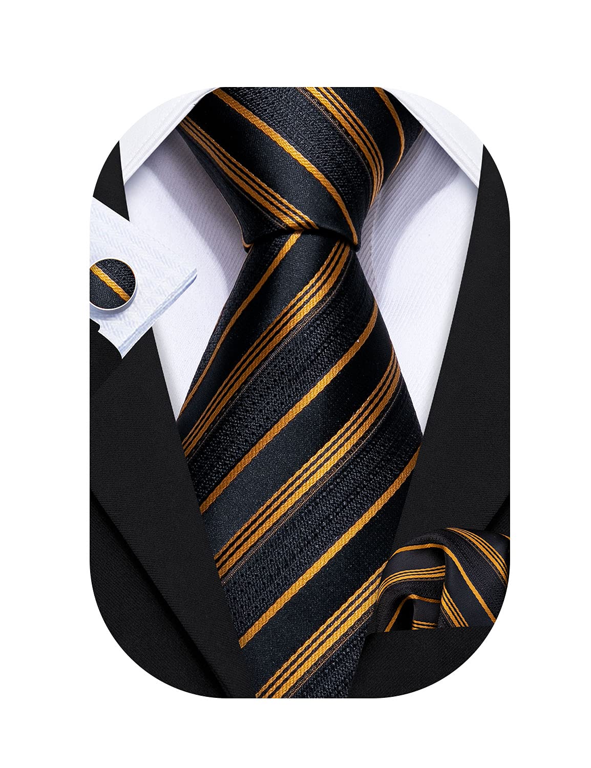 Barry.Wang Stripe Men Ties Set Classic WOVEN Necktie with Handkerchief Cufflinks Formal