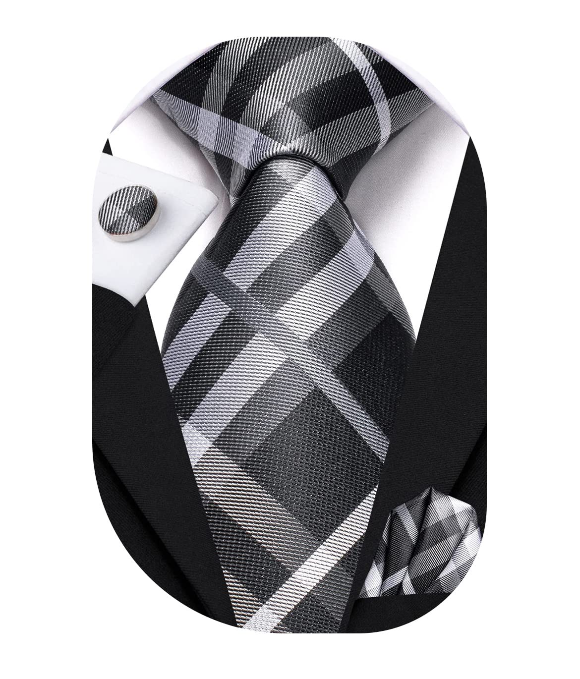 Hi-Tie Mens Plaid Ties Classic Paisley Necktie with Handkerchief Cufflinks Set Business Stripe Tie