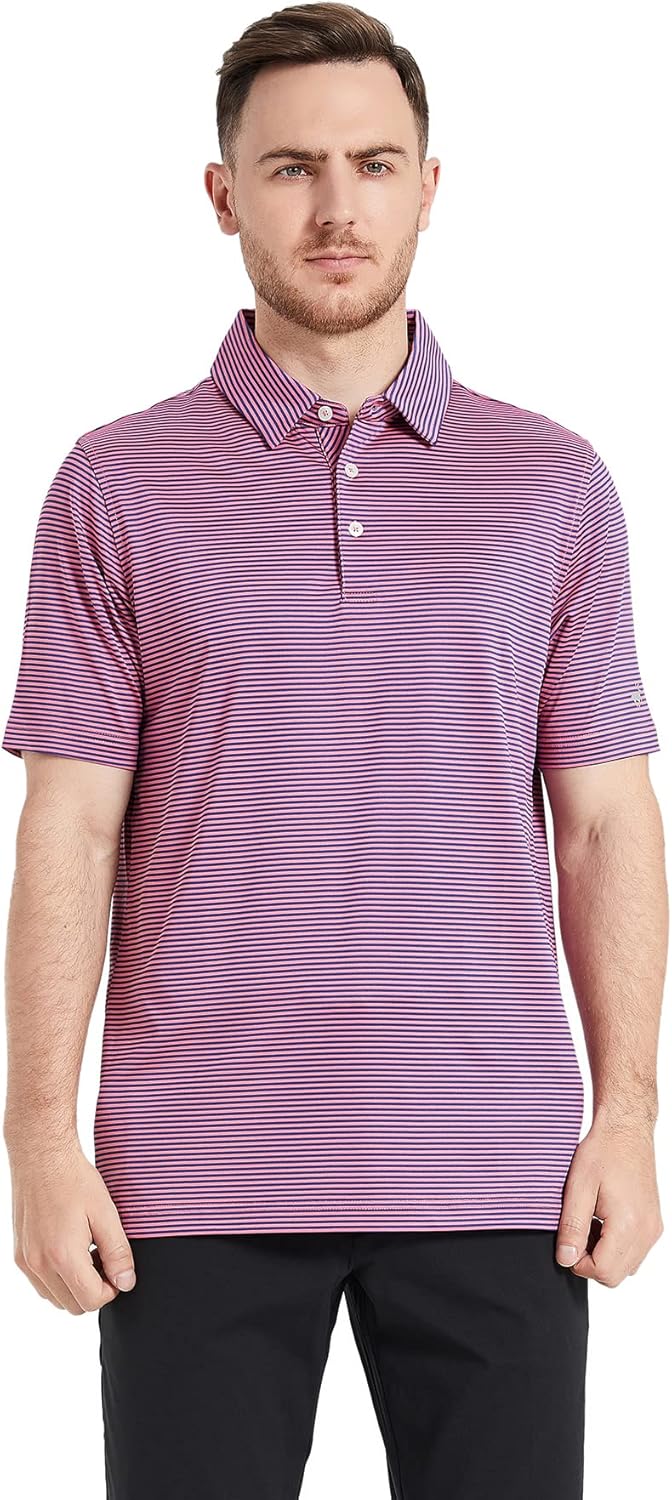 Men's Golf Polo Shirts Short Sleeve Striped Performance Moisture Wicking Dry Fit Golf Shirts for Men