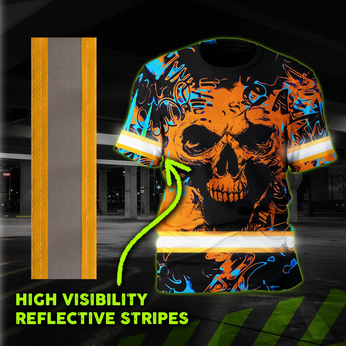 Color US Flag Skull High Visibility Shirt for Men Custom Name Safety Shirts Workwear for Patriotic, Runners