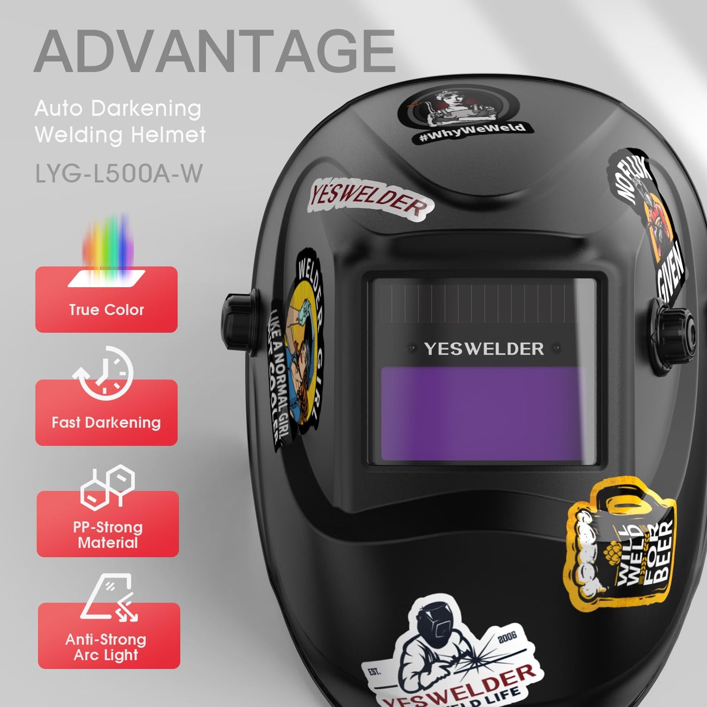 YESWELDER True Color Solar Powered Auto Darkening Welding Helmet, Wide Shade 4/9-13 for TIG MIG ARC Weld Hood Helmet LYG-L500A-VM