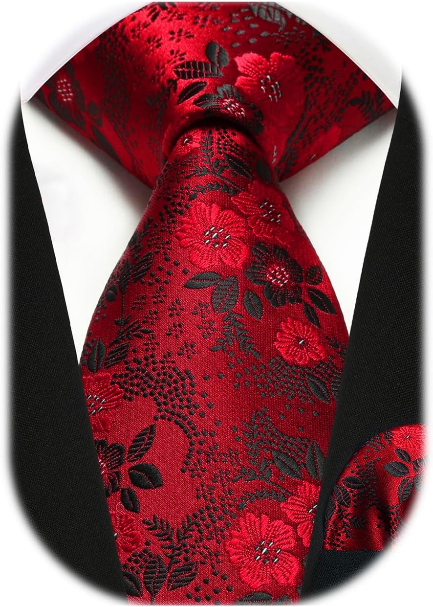 Men Floral Ties Woven Classic 3.4" NeckTie Set Formal Tie Pocket Square for Wedding with Handkerchief