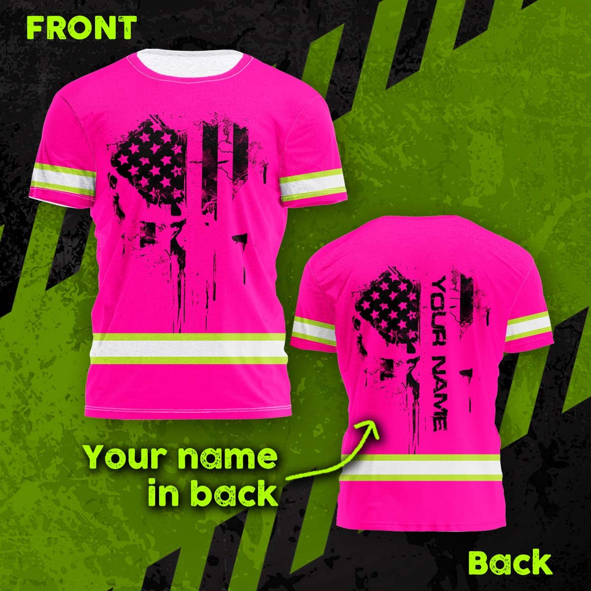 Color US Flag Skull High Visibility Shirt for Men Custom Name Safety Shirts Workwear for Patriotic, Runners