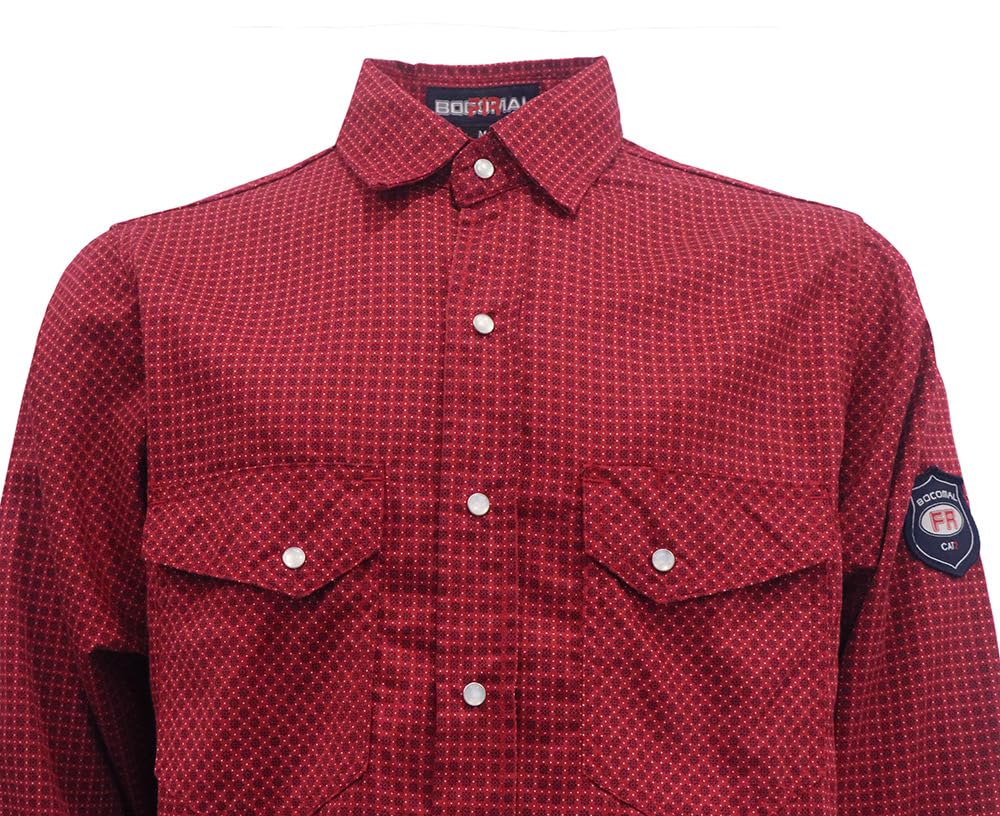 BOCOMAL FR Shirts for Men Printed Plaid Flame Resistant Clothing 6.5oz Cotton Button Up Welding Shirts NFPA2112 CAT2