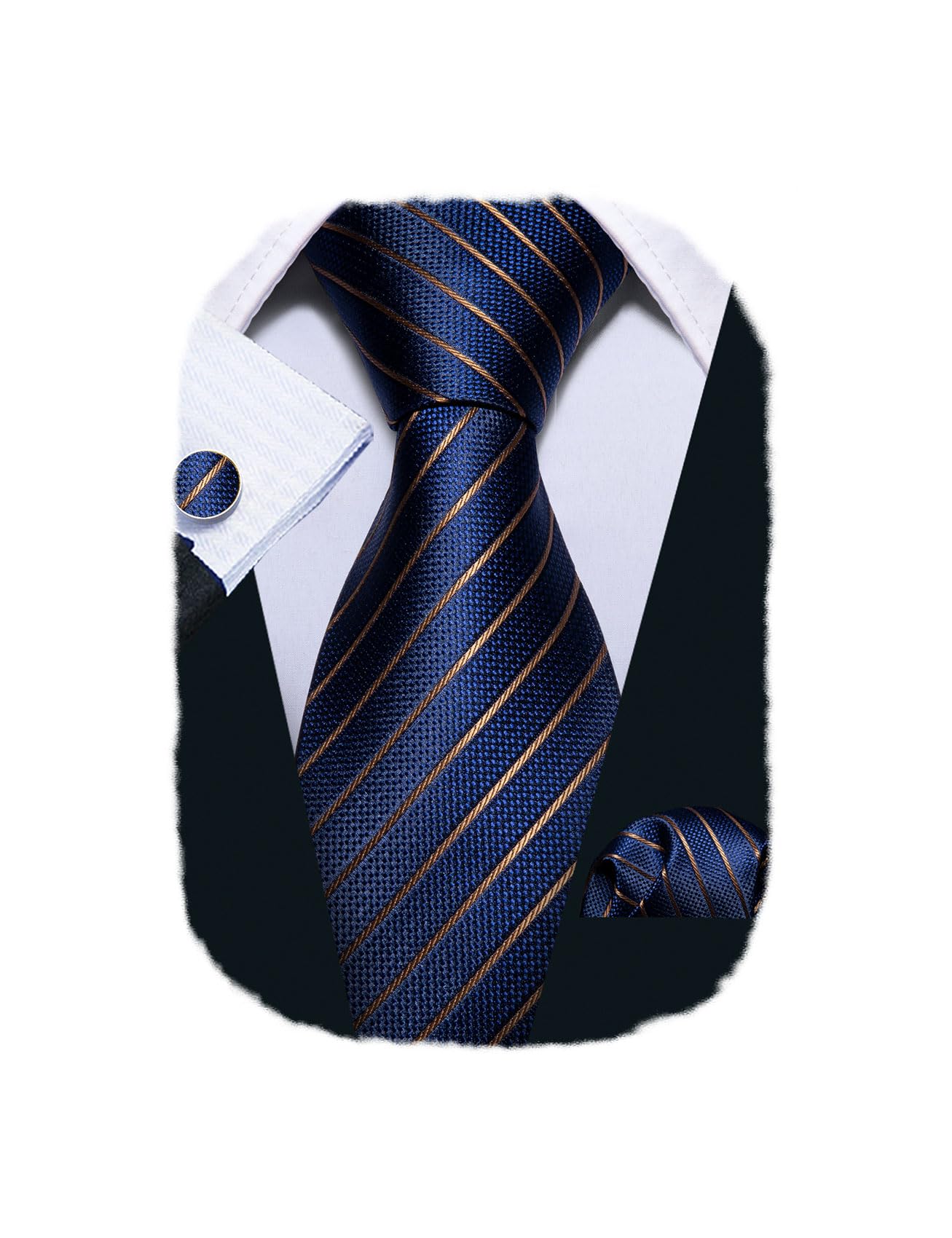 Barry.Wang Stripe Men Ties Set Classic WOVEN Necktie with Handkerchief Cufflinks Formal