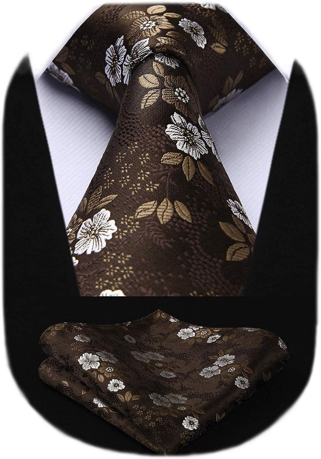 Men Floral Ties Woven Classic 3.4" NeckTie Set Formal Tie Pocket Square for Wedding with Handkerchief