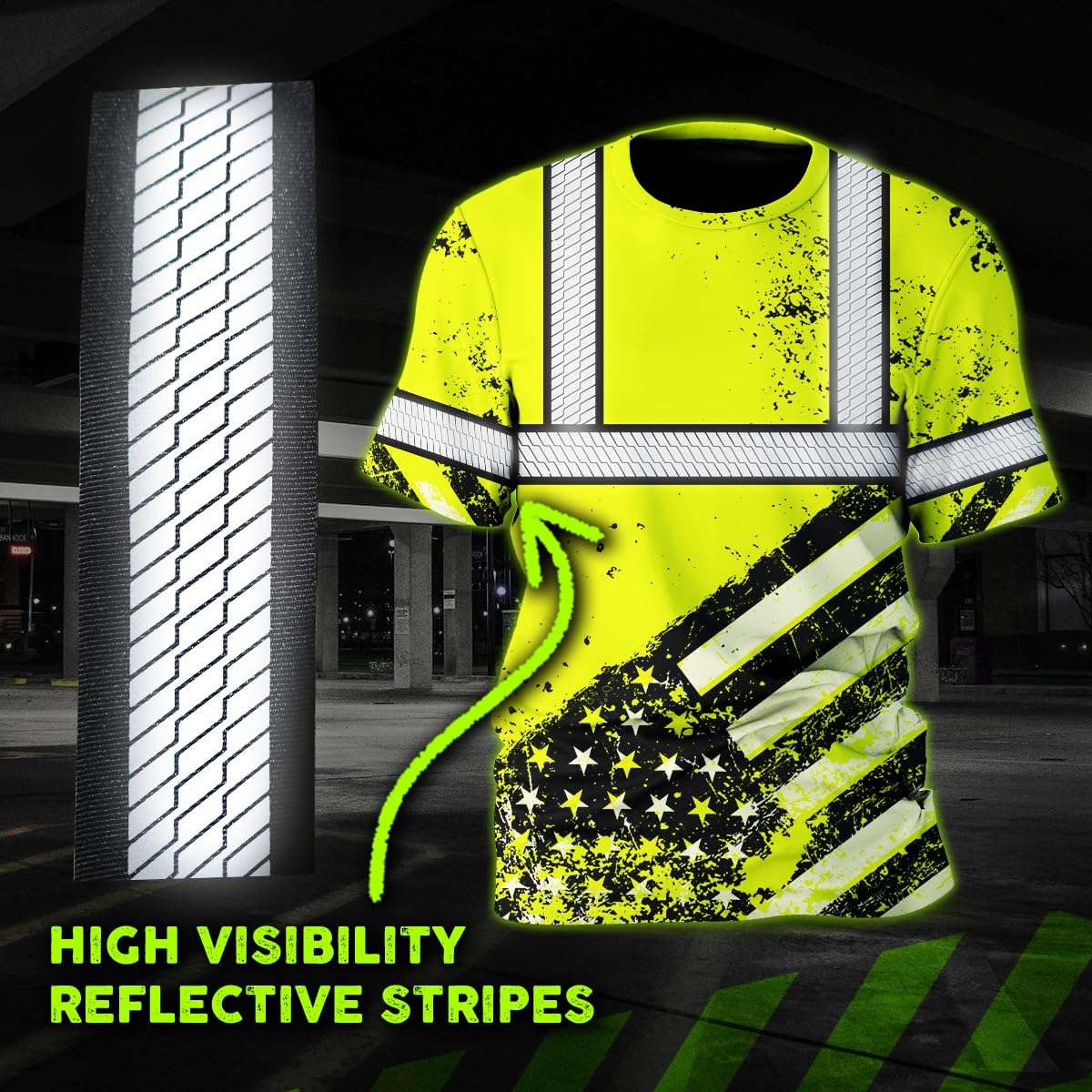 Color US Flag Skull High Visibility Shirt for Men Custom Name Safety Shirts Workwear for Patriotic, Runners