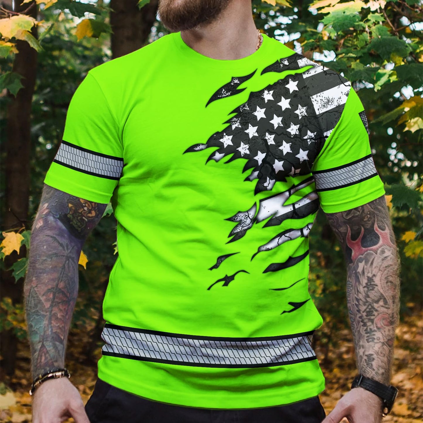 Color US Flag Skull High Visibility Shirt for Men Custom Name Safety Shirts Workwear for Patriotic, Runners