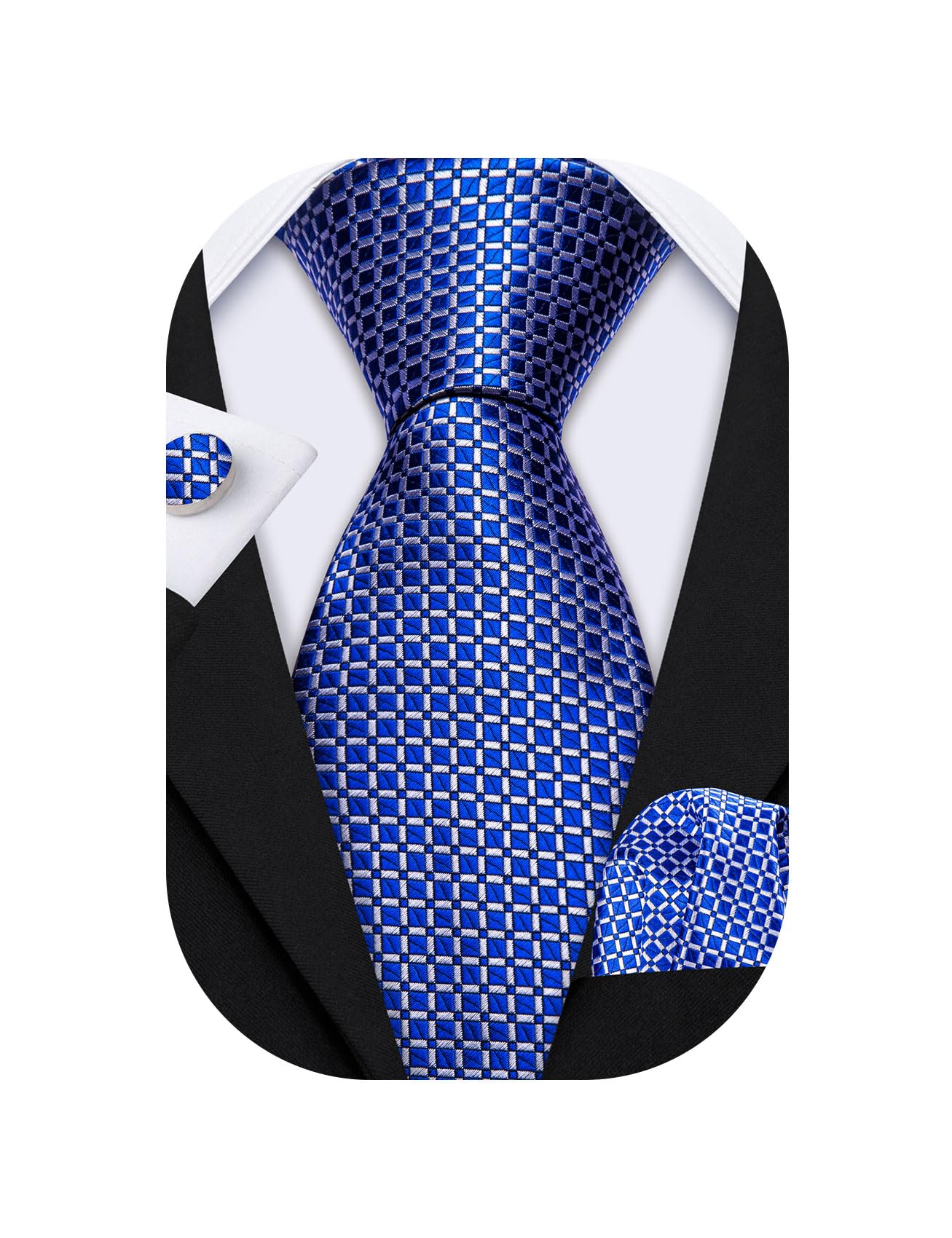 Barry.Wang Designer Classic Ties for Men Set Formal Pocket Square Cufflink Check Plaid