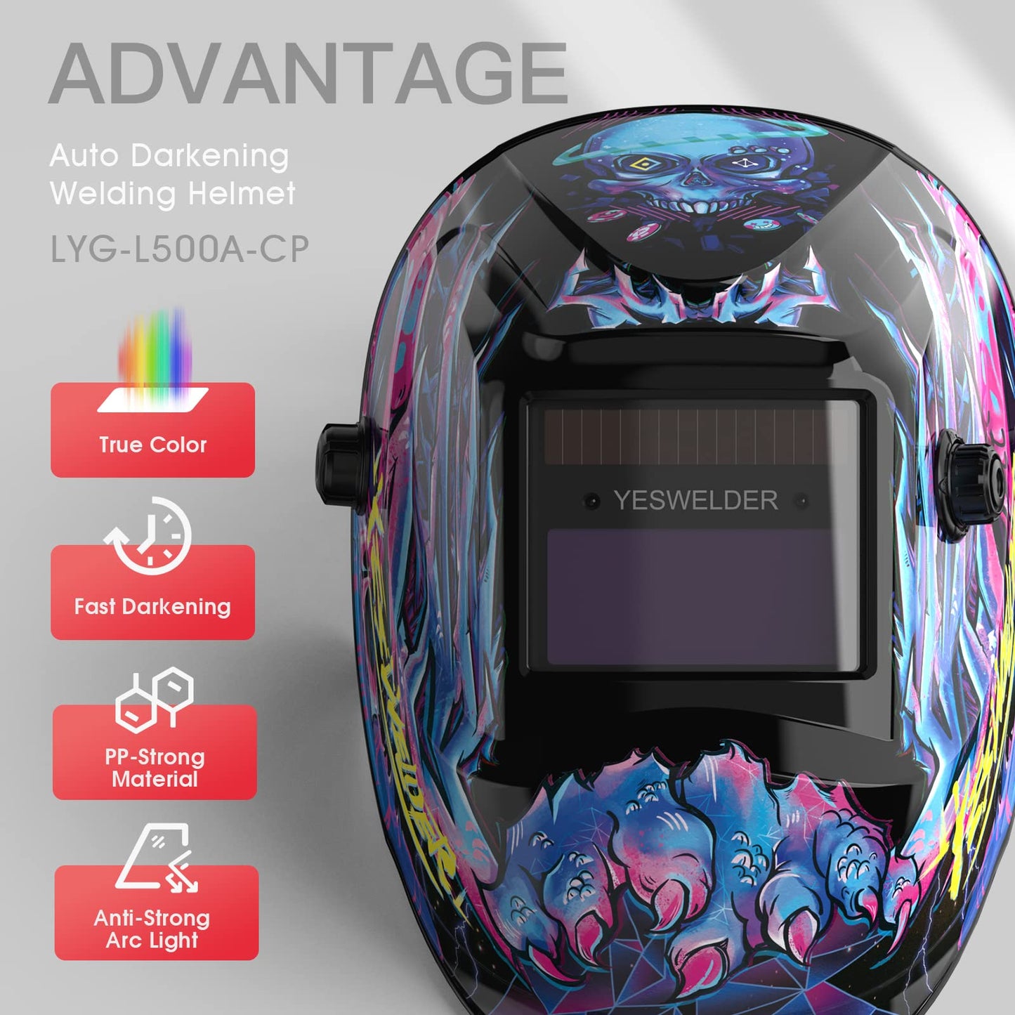 YESWELDER True Color Solar Powered Auto Darkening Welding Helmet, Wide Shade 4/9-13 for TIG MIG ARC Weld Hood Helmet LYG-L500A-VM