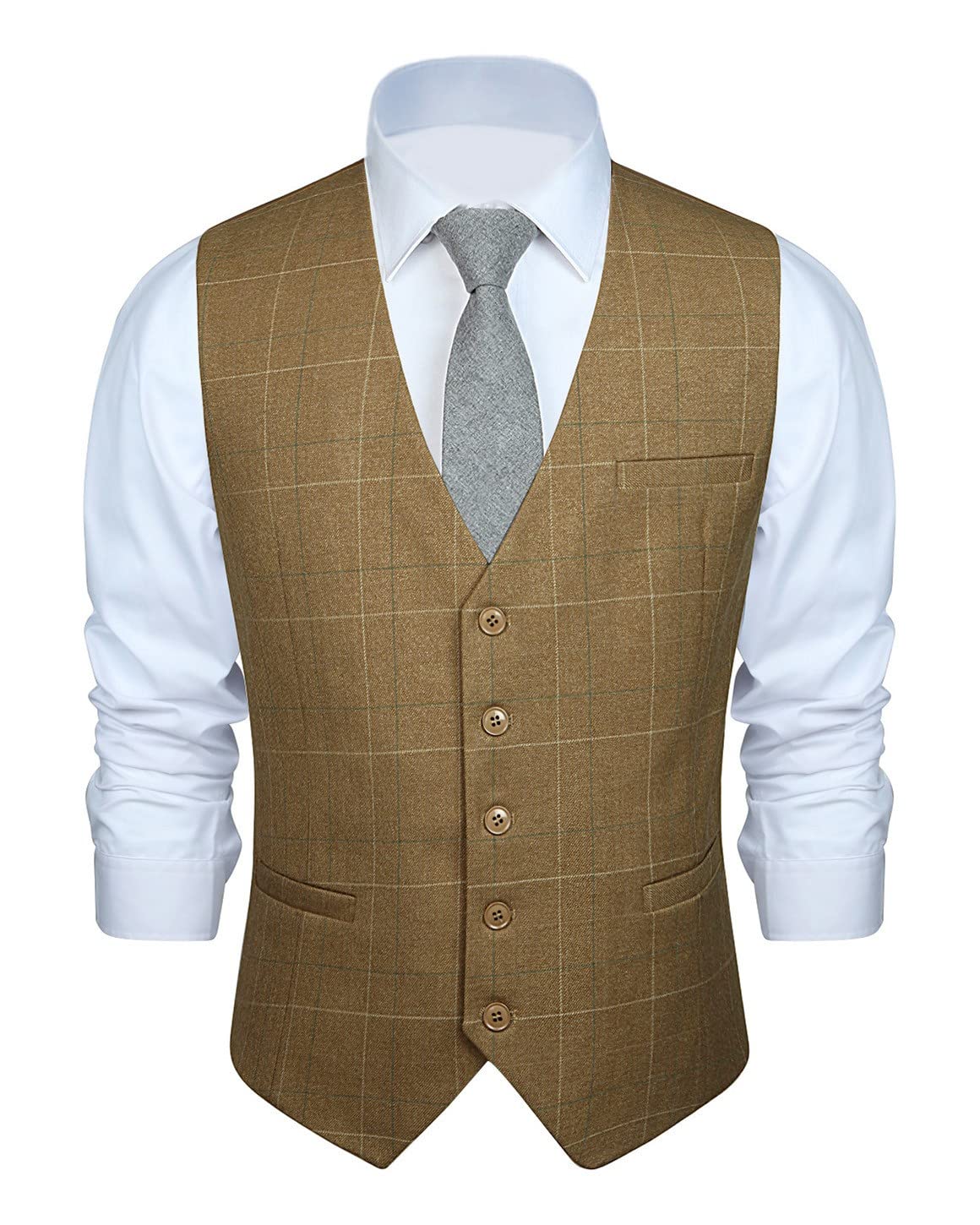 HISDERN Men's Suit Vest Plaid Dress Vest for Men Slim Fit Formal Business Waistcoat Tuxedo V-Ncek Solid Vest for Wedding