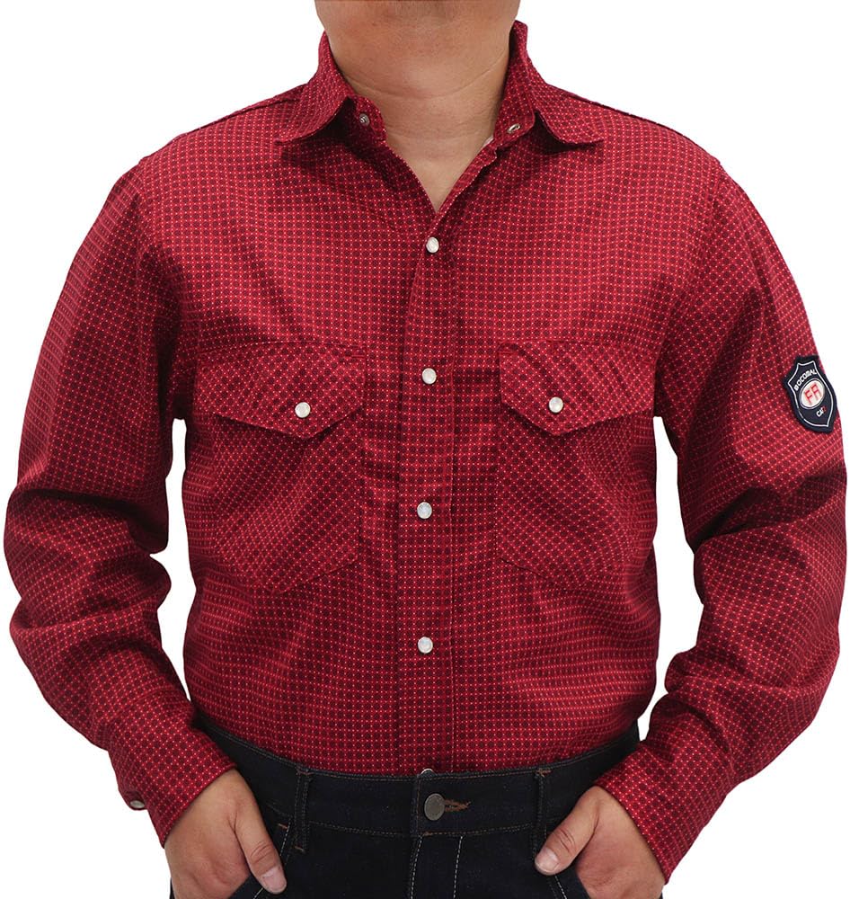 BOCOMAL FR Shirts for Men Printed Plaid Flame Resistant Clothing 6.5oz Cotton Button Up Welding Shirts NFPA2112 CAT2