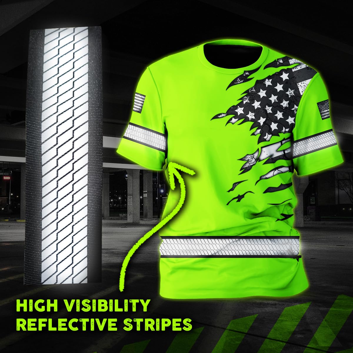 Color US Flag Skull High Visibility Shirt for Men Custom Name Safety Shirts Workwear for Patriotic, Runners