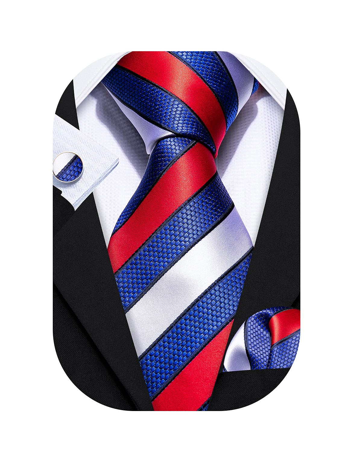 Barry.Wang Stripe Men Ties Set Classic WOVEN Necktie with Handkerchief Cufflinks Formal