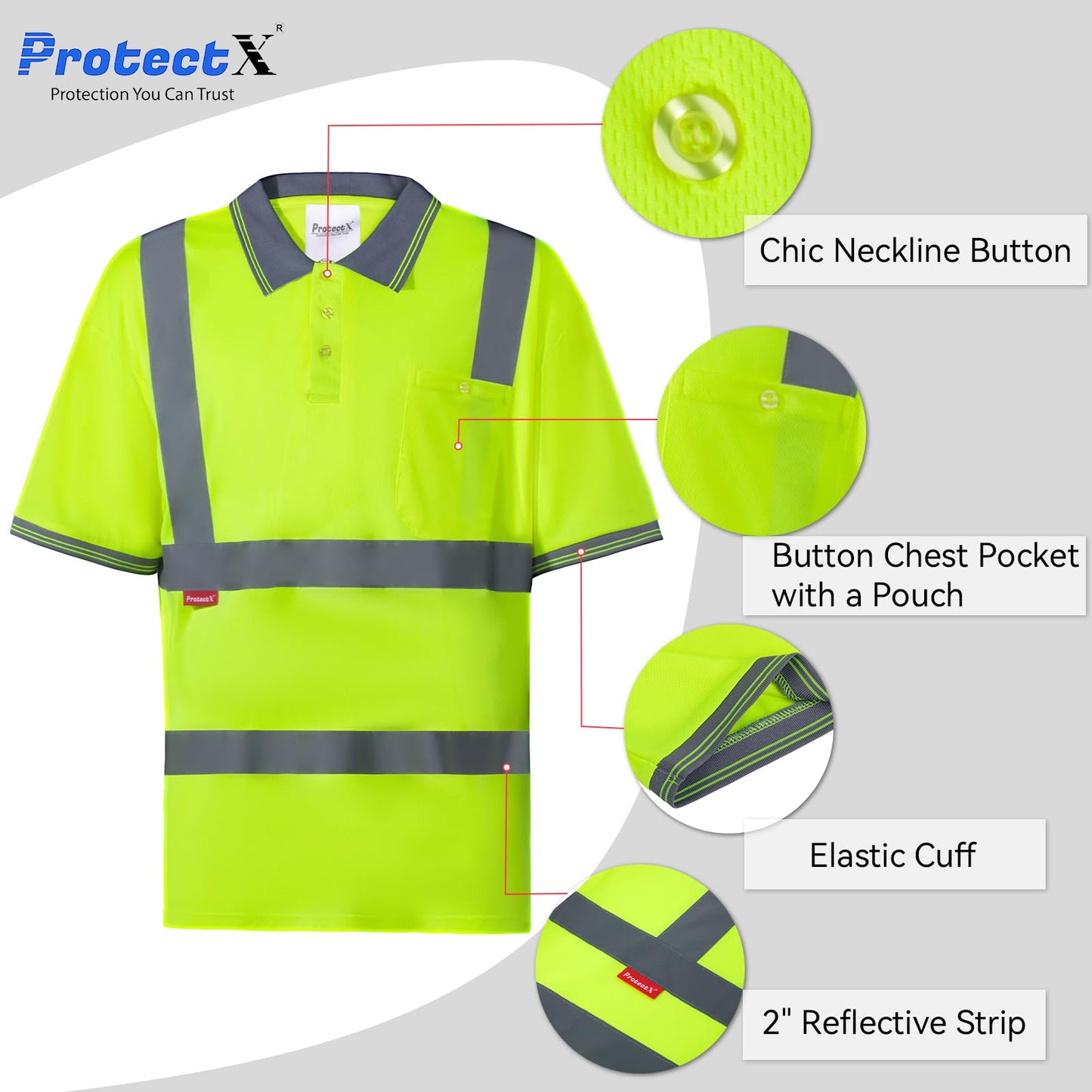 ProtectX High Visibility Short Sleeve Reflective Safety T-Shirt, Men's Heavy Duty Breathable Hi Vis Shirts, Class 2 Type R