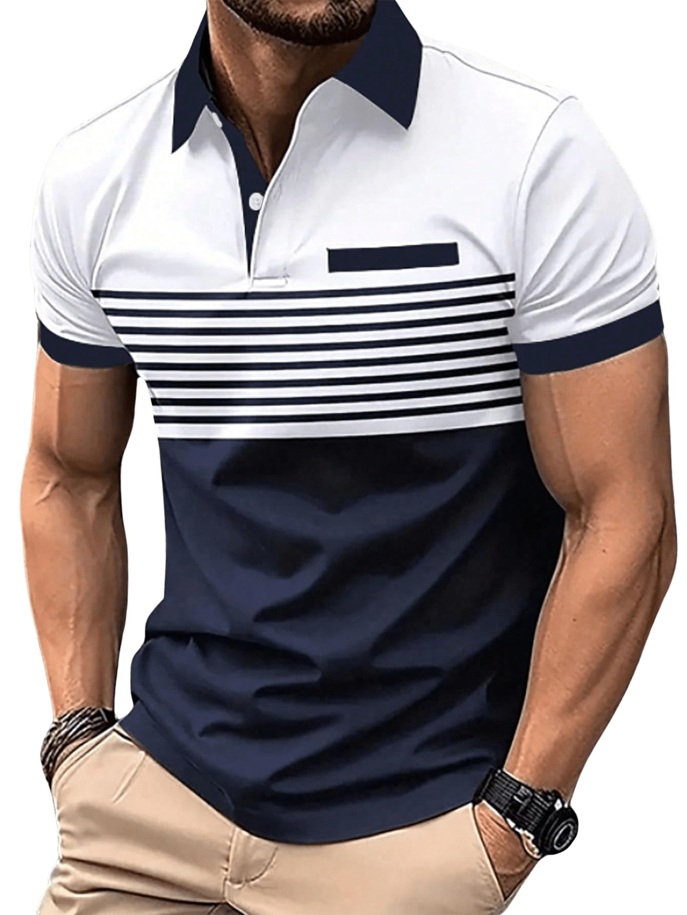 SOLY HUX Men's Golf Polo Shirts Short Sleeve Collar Tennis Shirt Color Block Striped Work T-Shirt