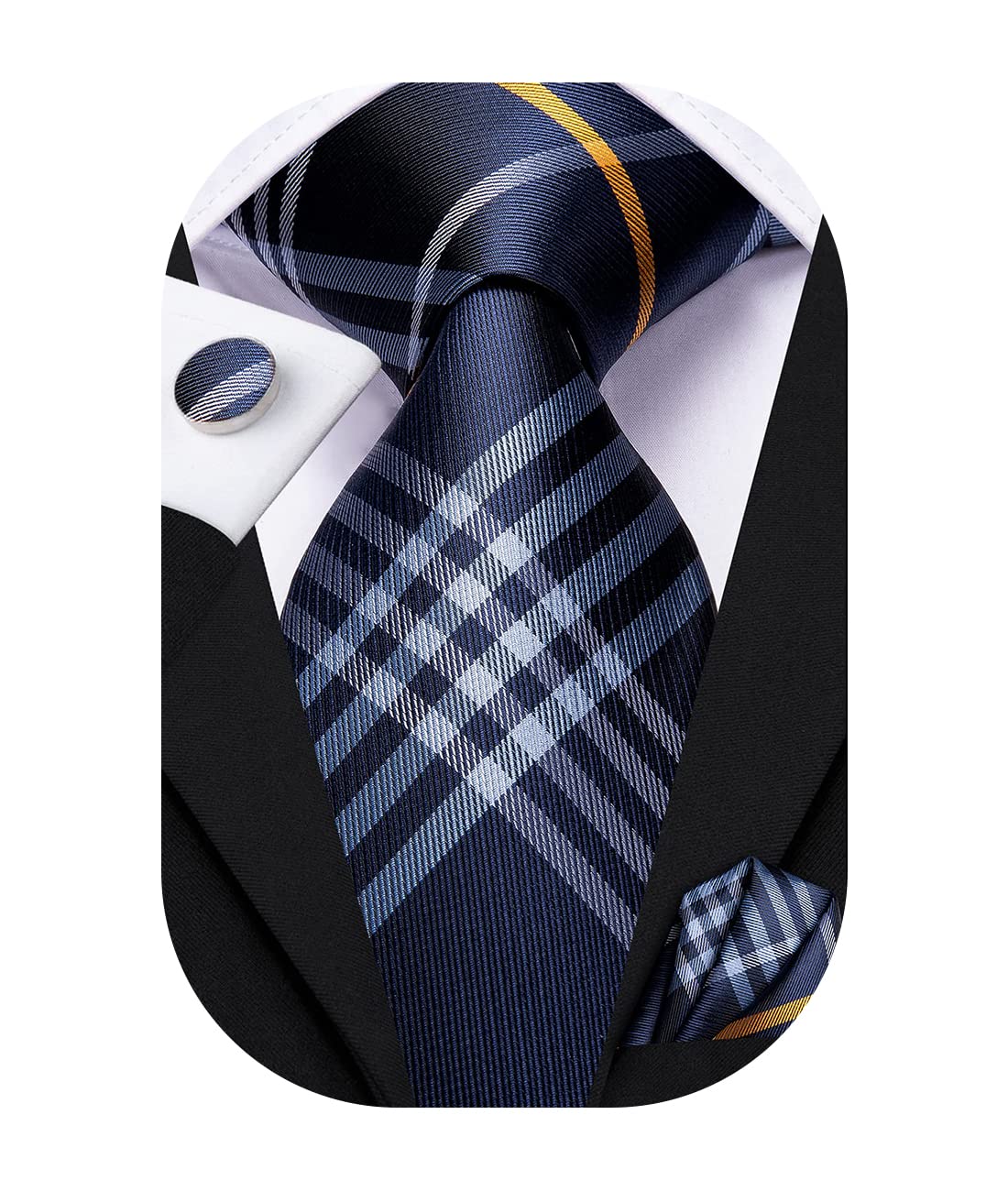 Hi-Tie Mens Plaid Ties Classic Paisley Necktie with Handkerchief Cufflinks Set Business Stripe Tie