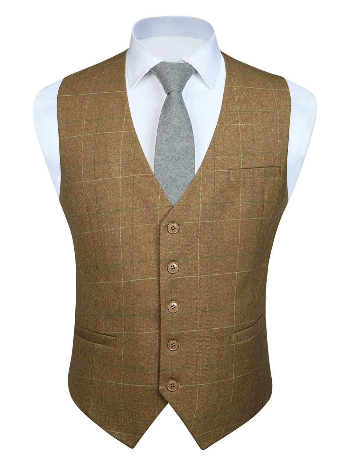 HISDERN Men's Suit Vest Plaid Dress Vest for Men Slim Fit Formal Business Waistcoat Tuxedo V-Ncek Solid Vest for Wedding