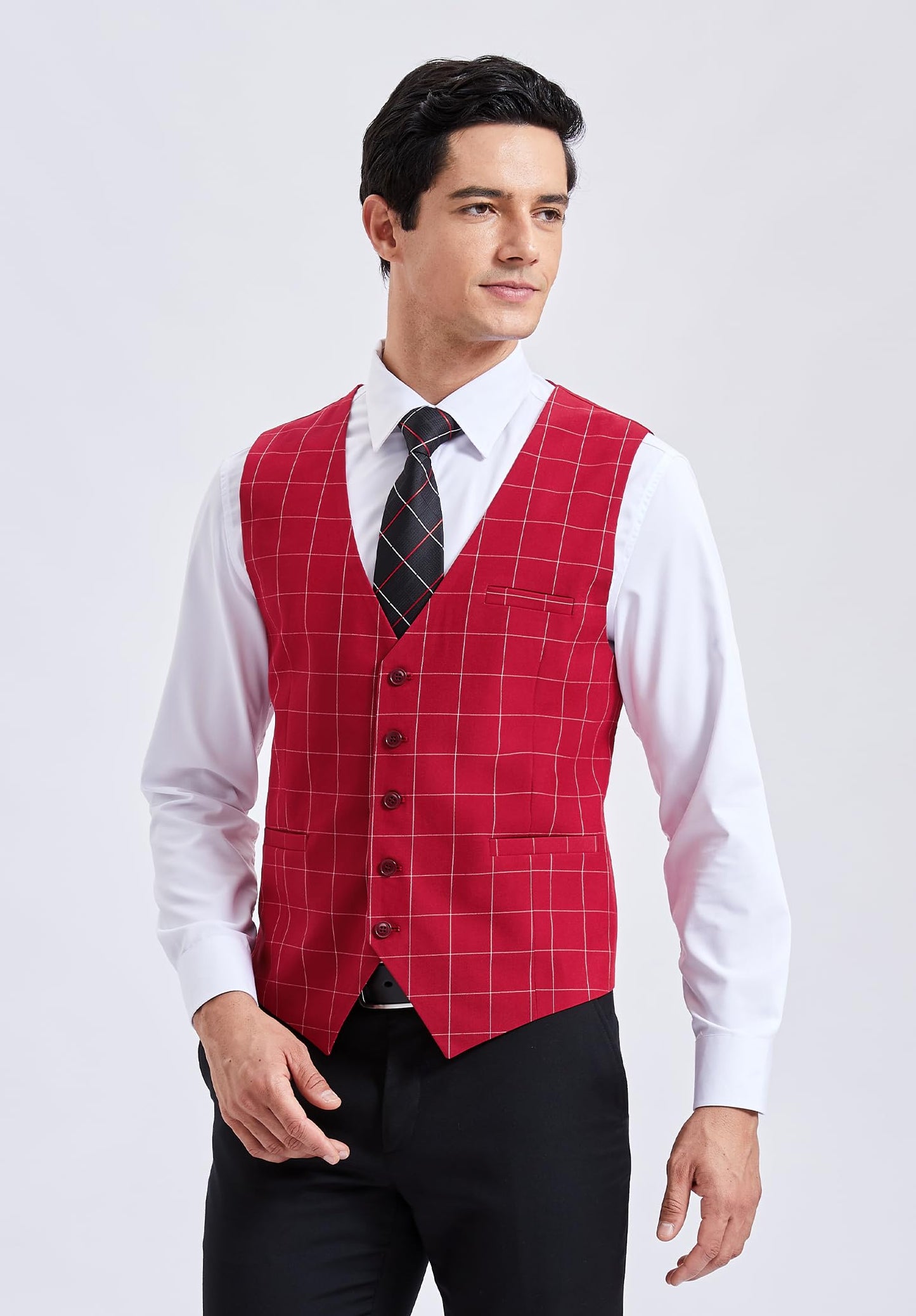 HISDERN Men's Suit Vest Business Plaid Formal Dress Waistcoat Slim Fit Vests for Men with 3 Pocket for Suit or Tuxedo