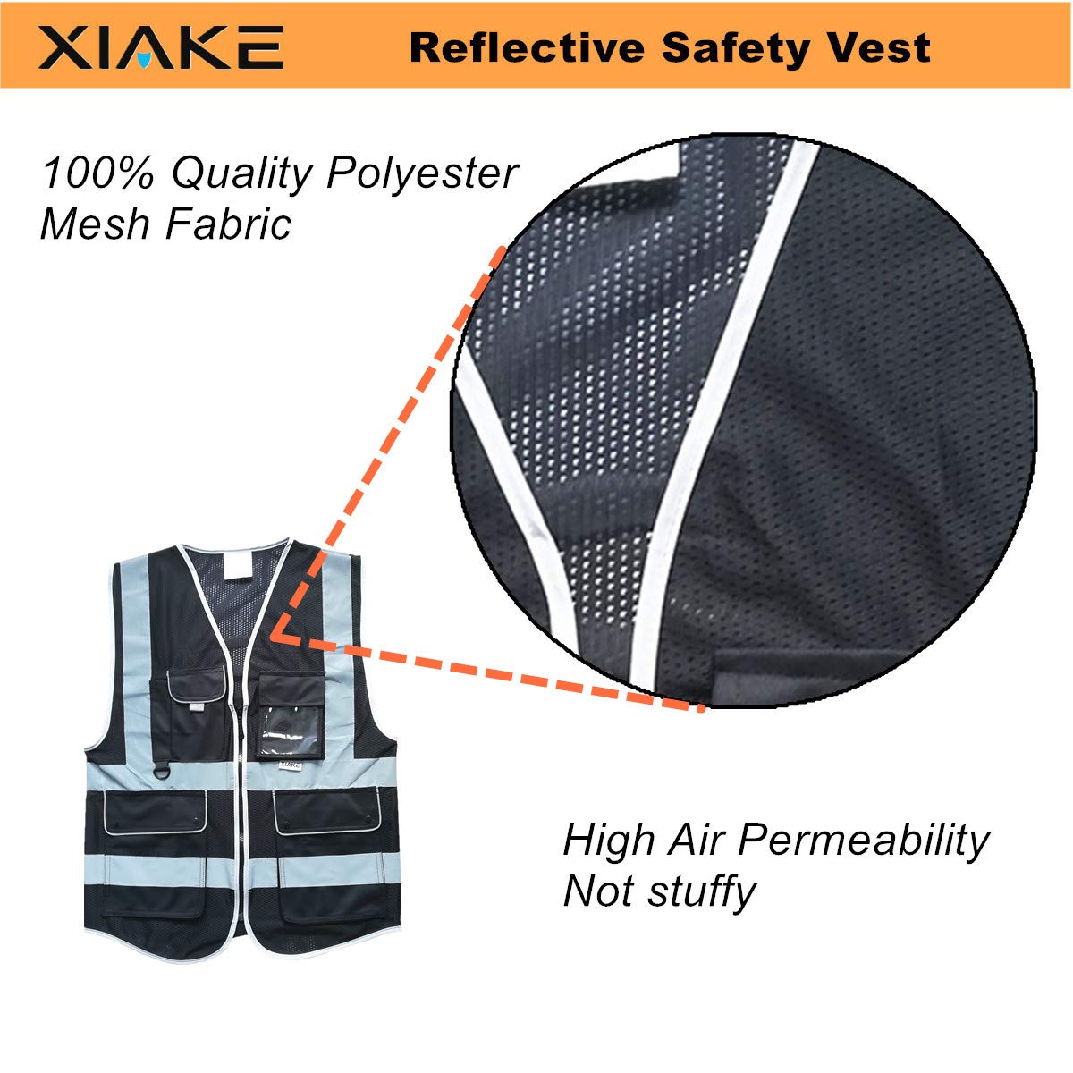 XIAKE Multiple Pockets Class 2 High Visibility Reflective Safety Vest Men Women Work Construction Vest Meets ANSI Standards