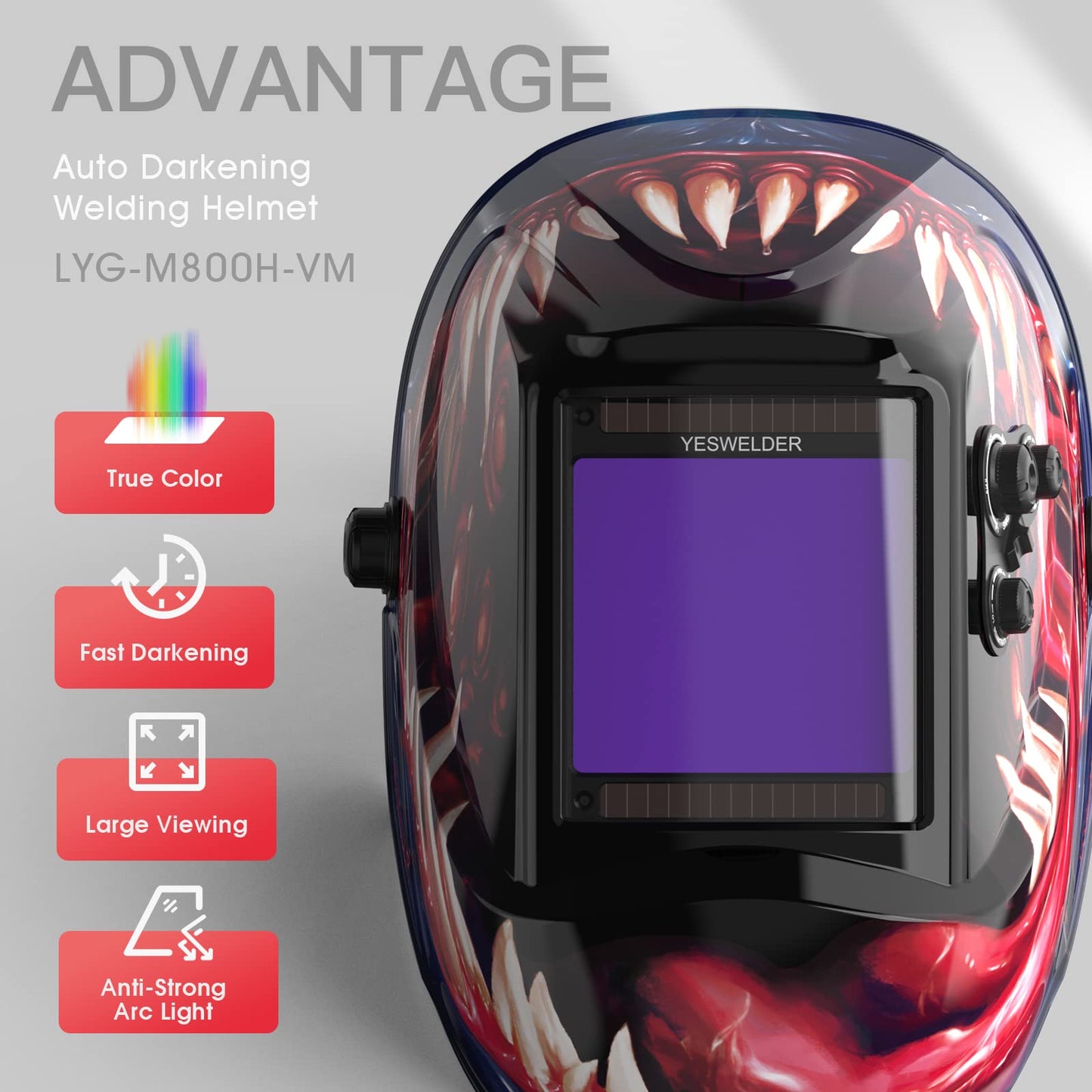 YESWELDER Large Viewing Screen 3.93"X3.66" True Color Solar Power Auto Darkening Welding Helmet, 4 Arc Sensor Wide Shade 4/5-9/9-13 for TIG MIG Arc Weld Grinding Welder Mask LYG-M800H-Q