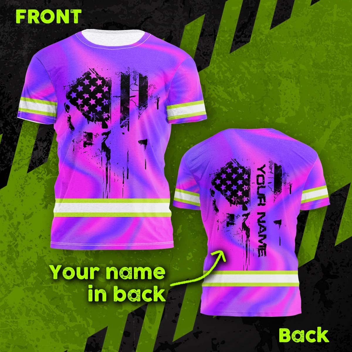 Color US Flag Skull High Visibility Shirt for Men Custom Name Safety Shirts Workwear for Patriotic, Runners